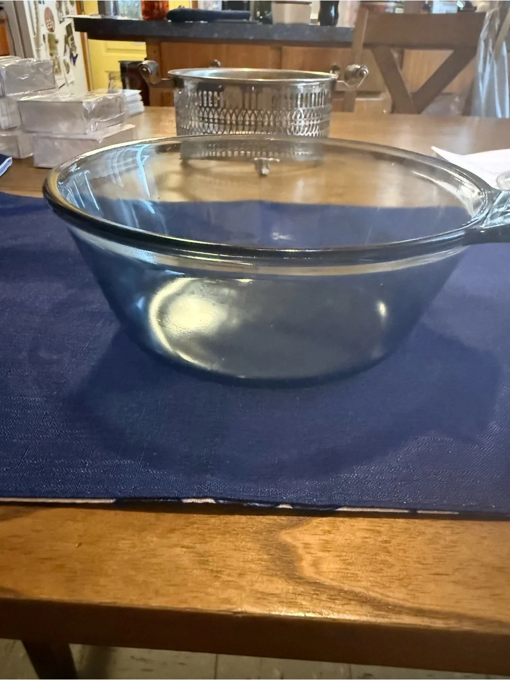 Vintage Pyrex Clear Glass Lid with Silver Metal Serving Holder